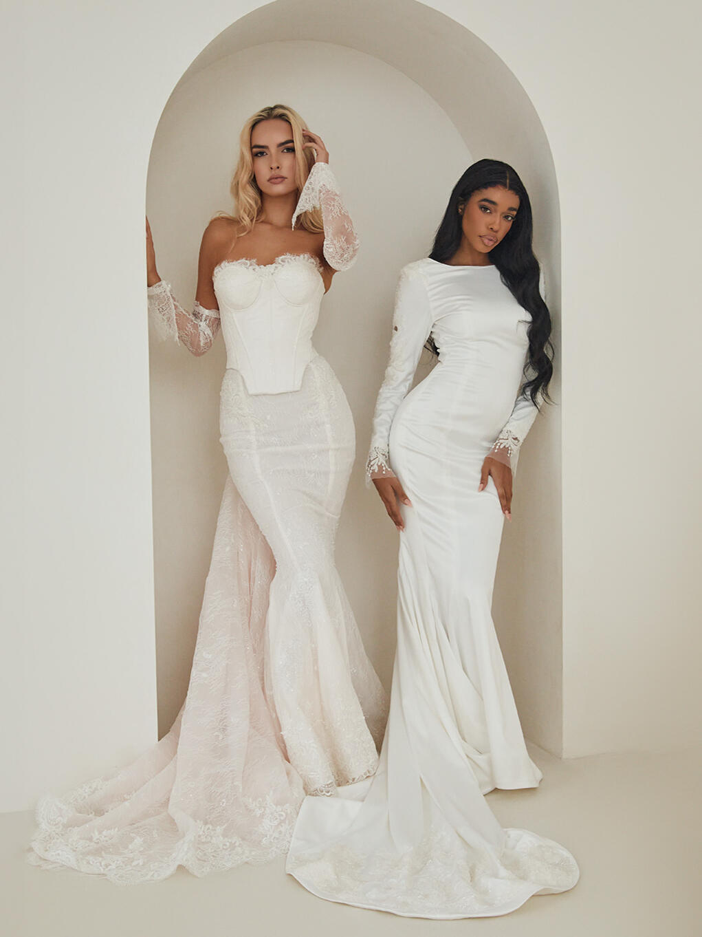 Finished bespoke wedding dresses at AM Bridal Studio Showcasing the final look of fully tailored bridal gowns by AM Bridal Studio.